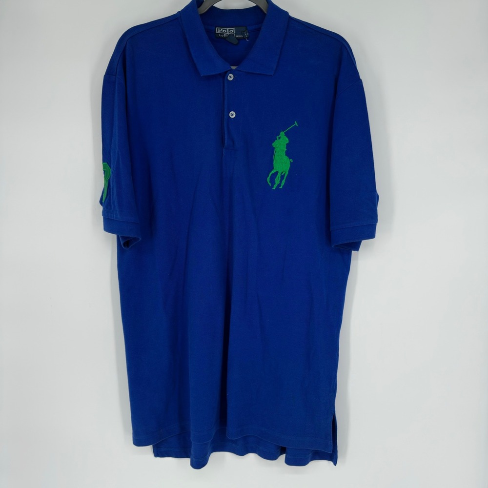 Vintage Polo Ralph Lauren Big Pony Polo Shirt Mens XL Blue Green 3 Short Sleeve
